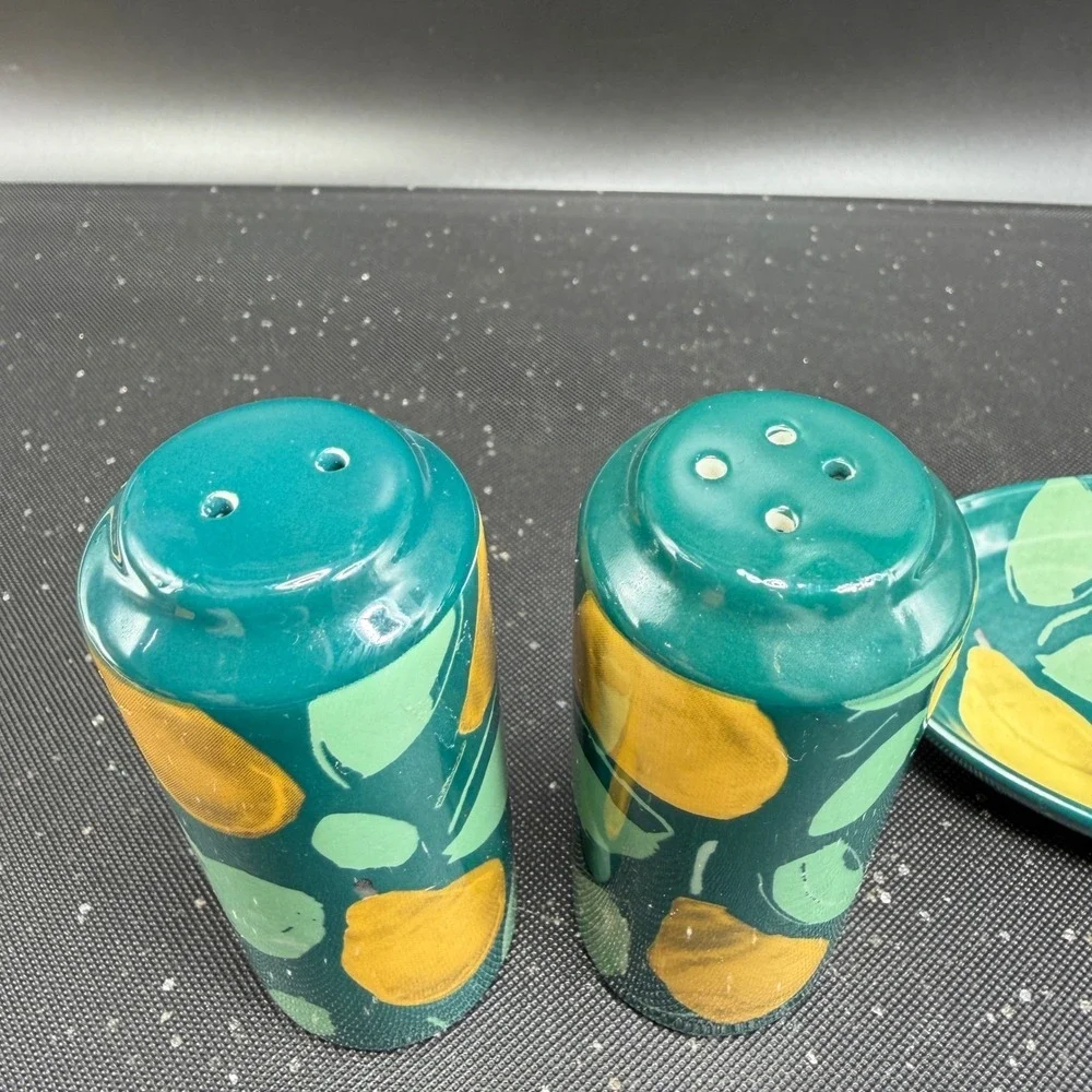 Anthropologie Pear Salt and Pepper Shakers with Tray Teal Green Yellow Ceramic